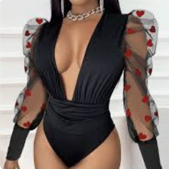 Black Deep V Neck Bodysuit Lingerie with Sheer Heart Long Sleeve Arms - Picture 1 of 9